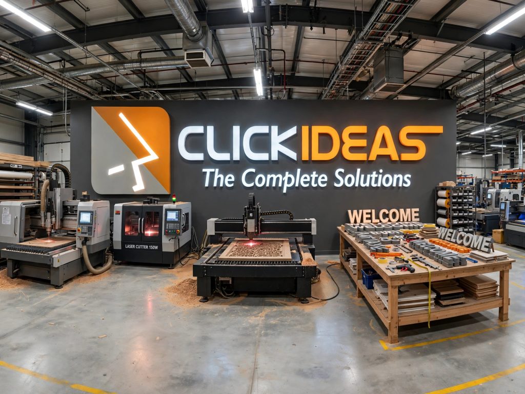 Clickideas CNC factory with illuminated logo wall sign, CNC routers and laser cutting machines