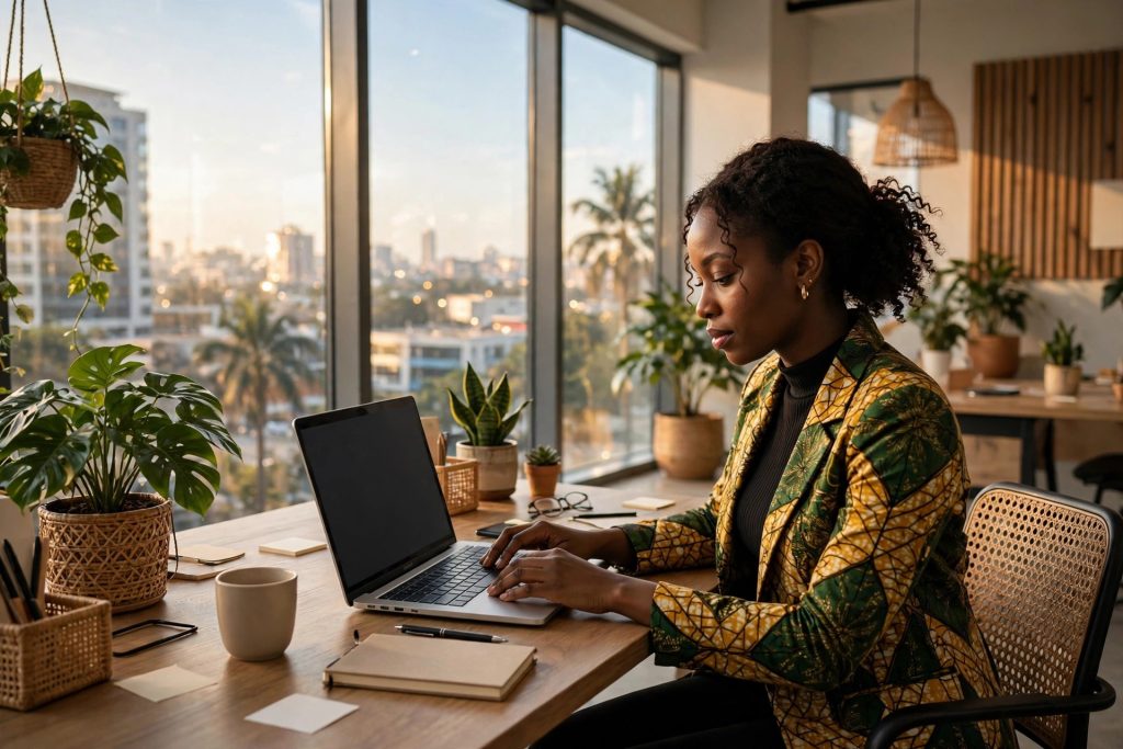 Nigerian businesswoman checking email marketing on a laptop in a bright Lagos office