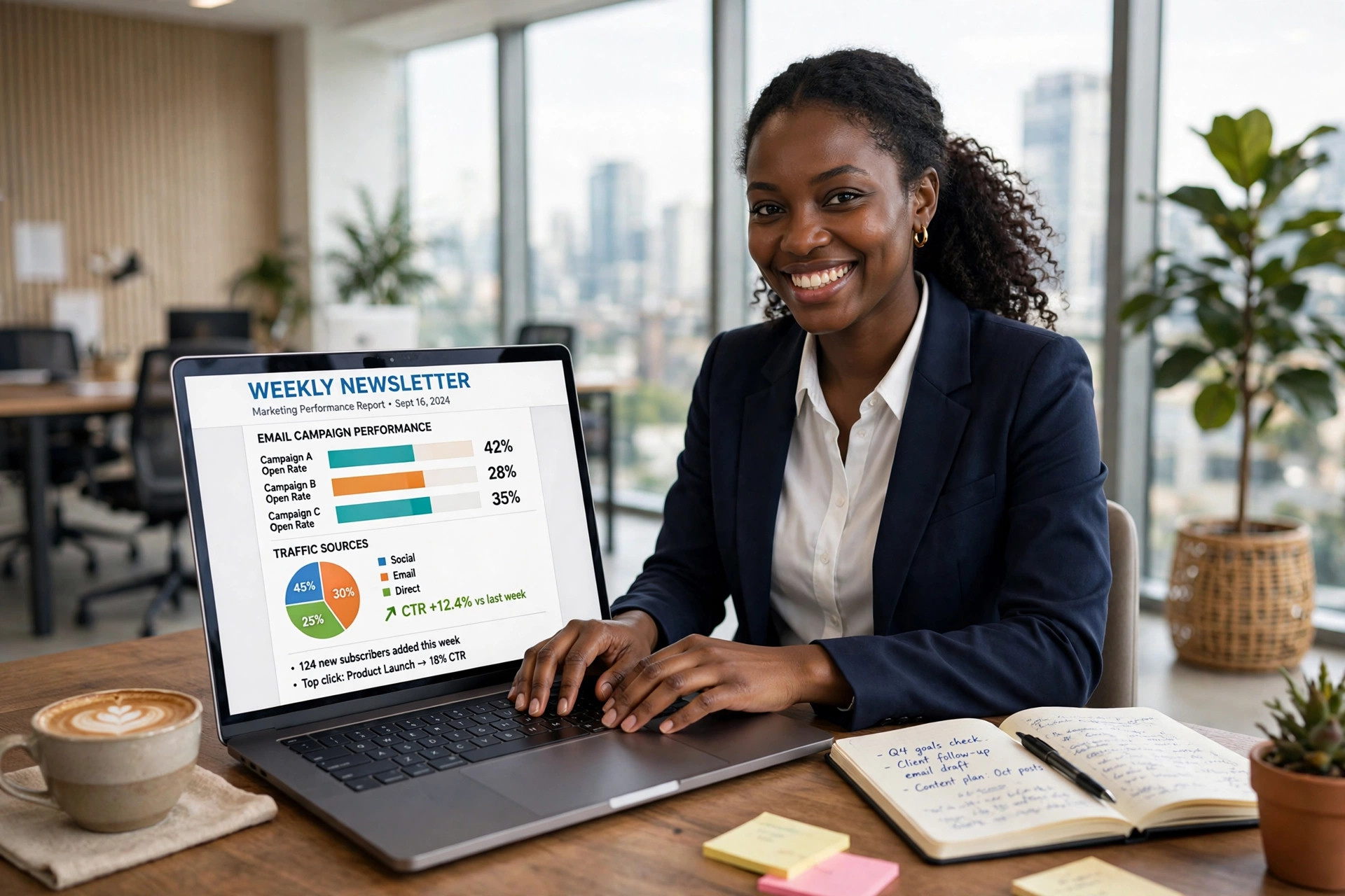 Nigerian businesswoman checking email marketing on a laptop in a bright Lagos office