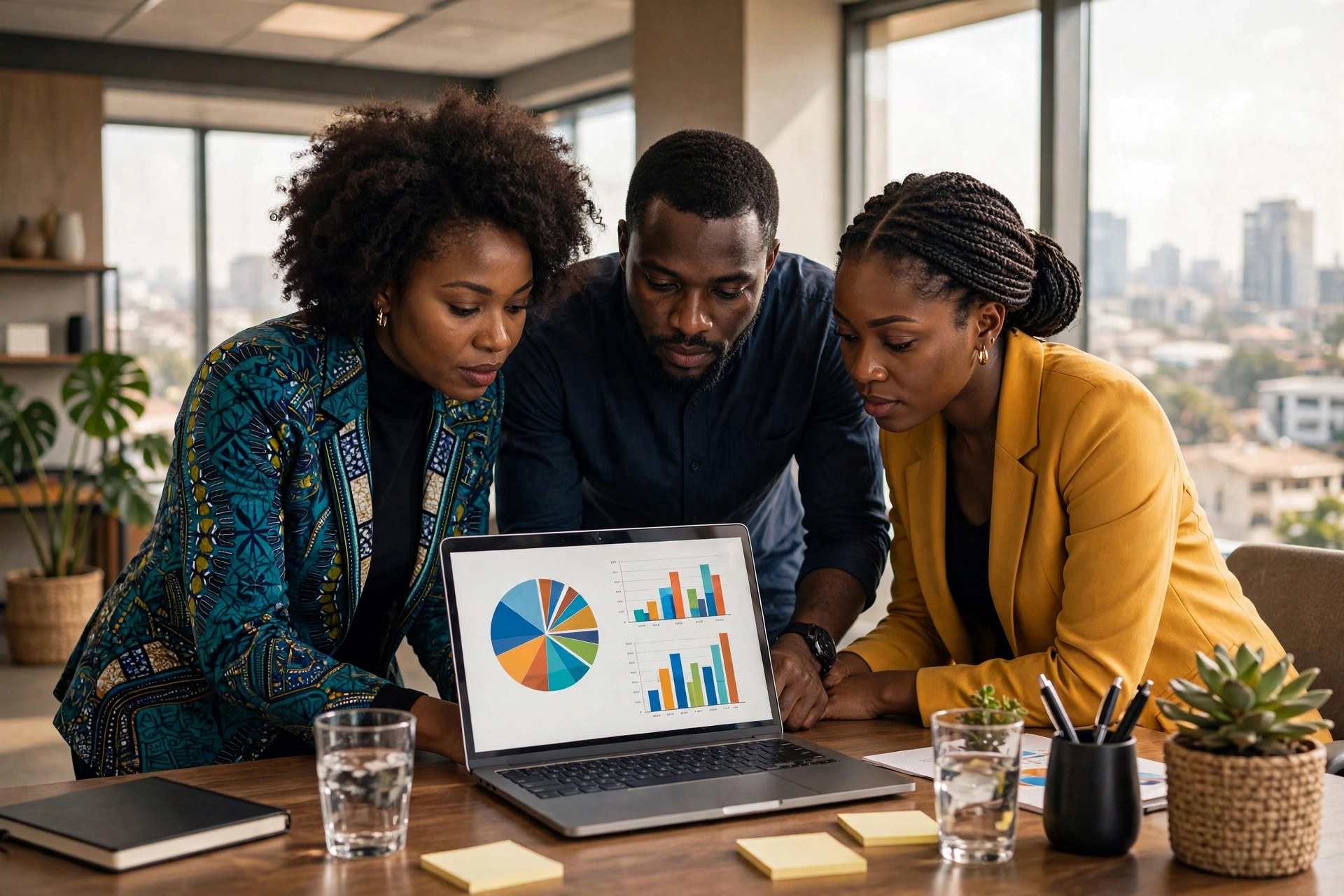 Small Nigerian marketing team reviewing campaign charts on a laptop