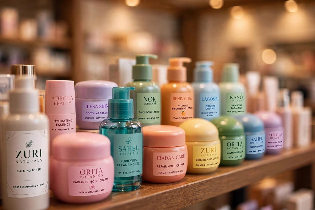 Nigerian cosmetics with realistic branded labels on a retail shelf