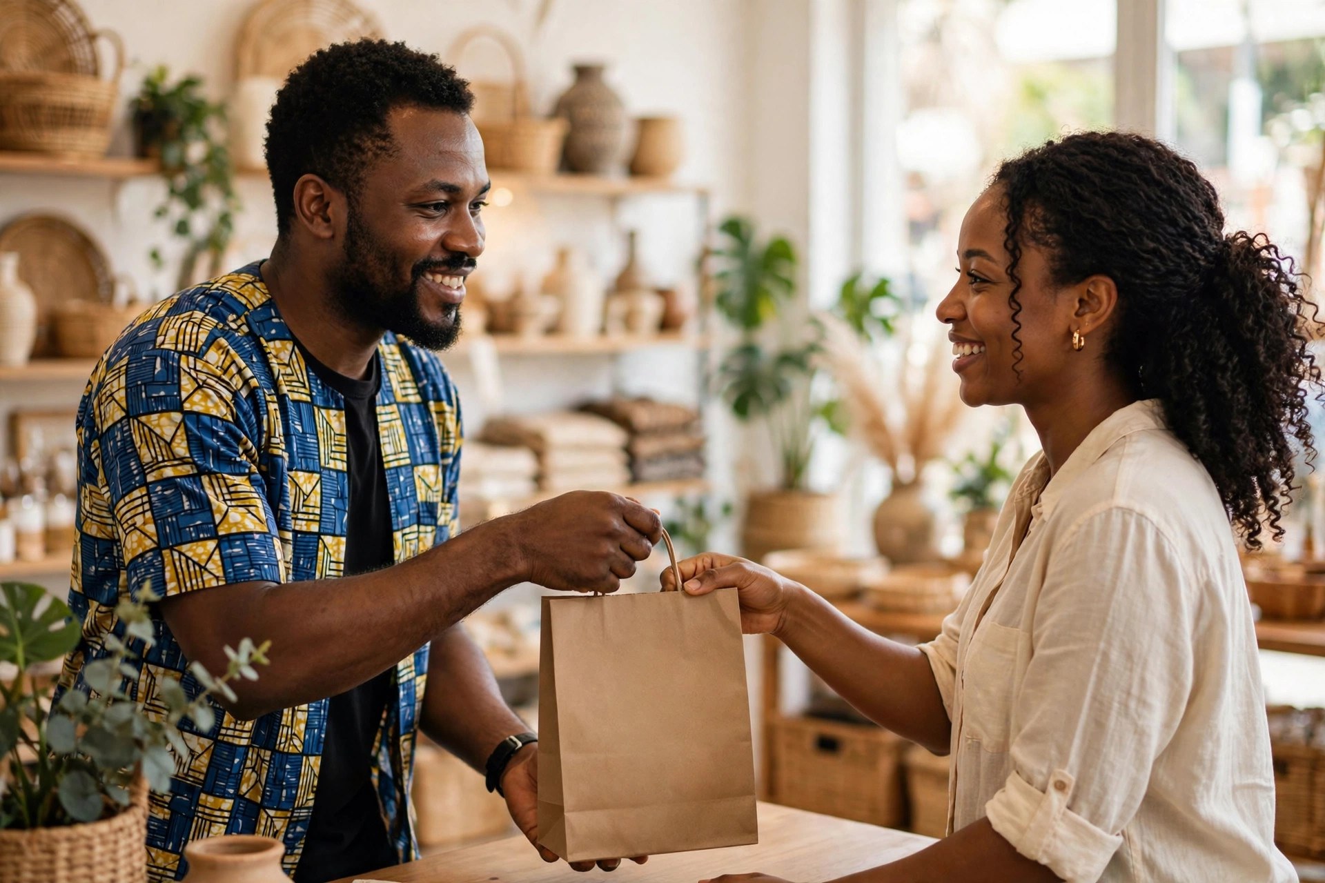 Nigerian shop owner handing a paper bag to a smiling customer in a boutique