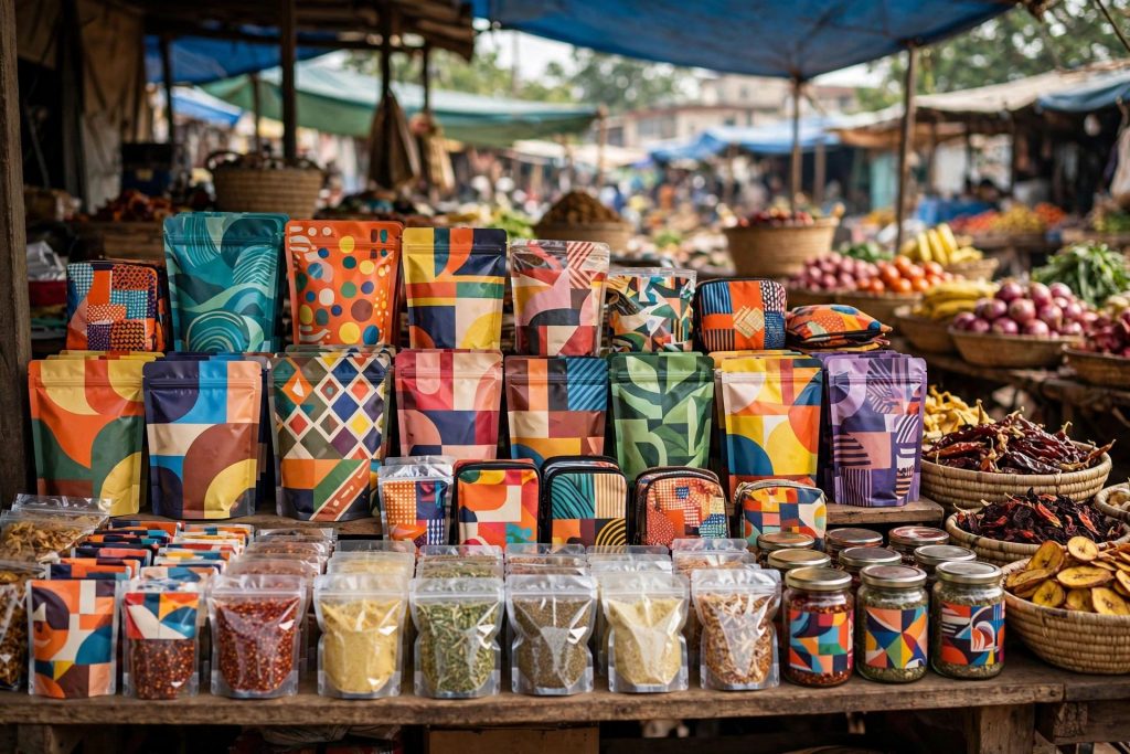 Vibrant Nigerian-made packaged food products arranged on a market stall shelf