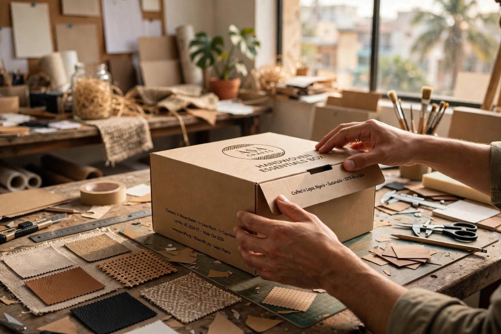 ASA Crafts branded kraft box being closed in a workshop