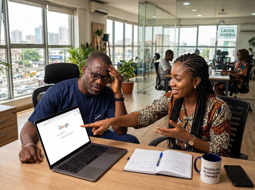 Frustrated Nigerian business owner looking at Google search results on a laptop in a Lagos office