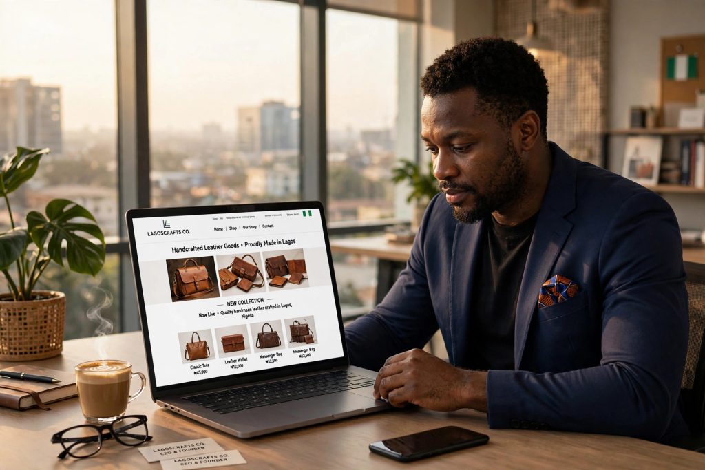 Nigerian business owner viewing business website on laptop in Lagos office