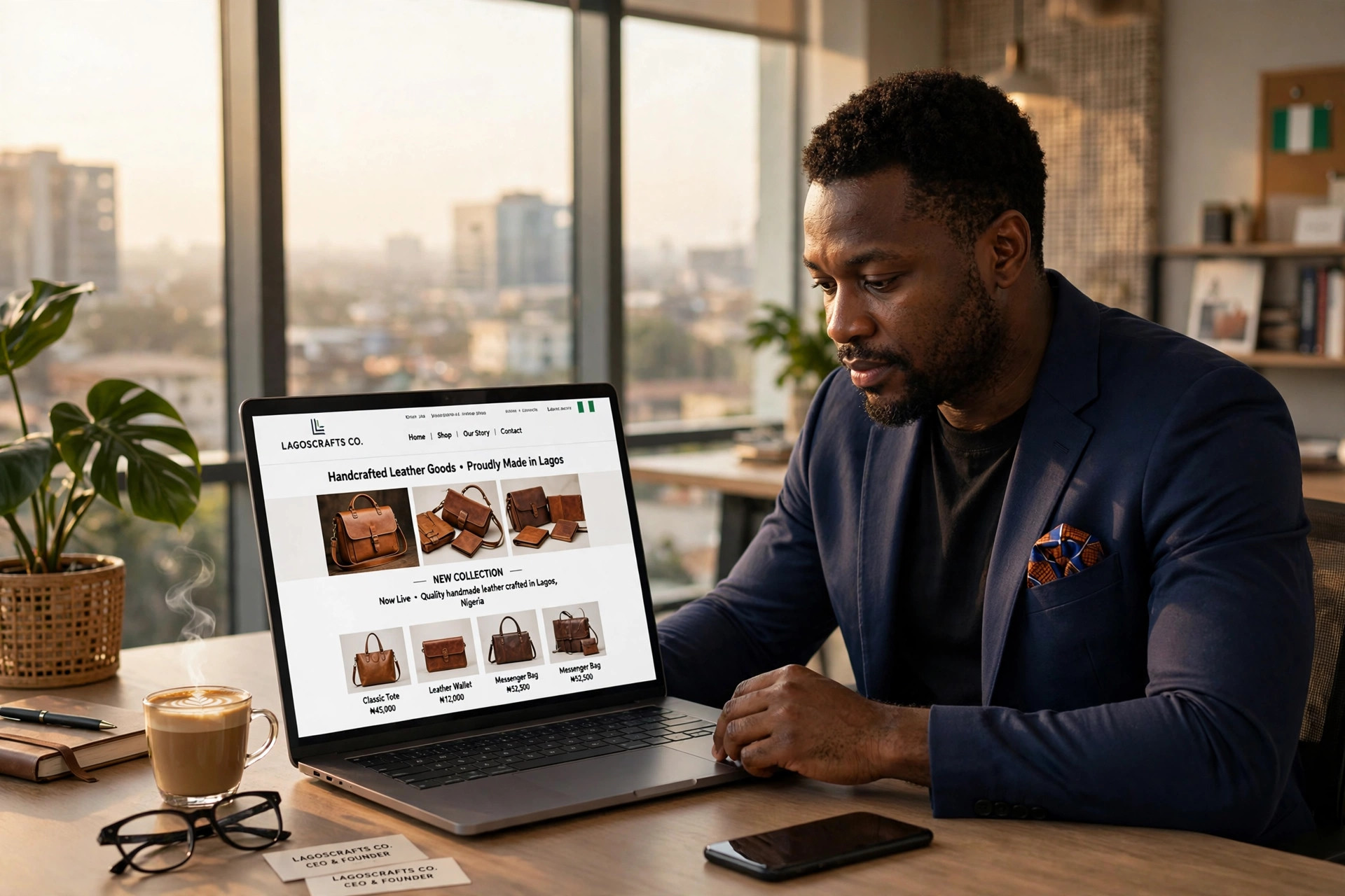 Nigerian business owner viewing business website on laptop in Lagos office