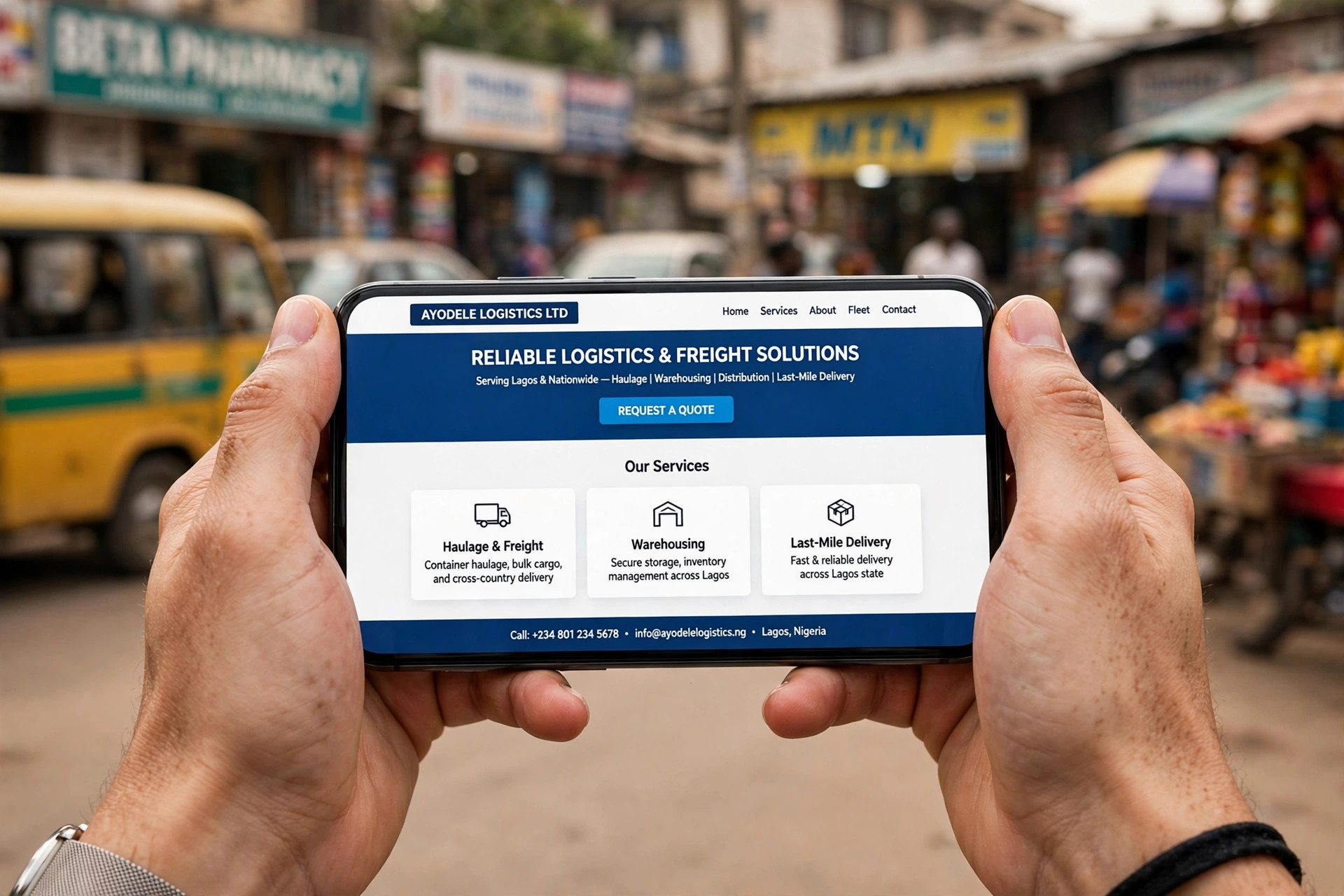 Person holding smartphone showing business website