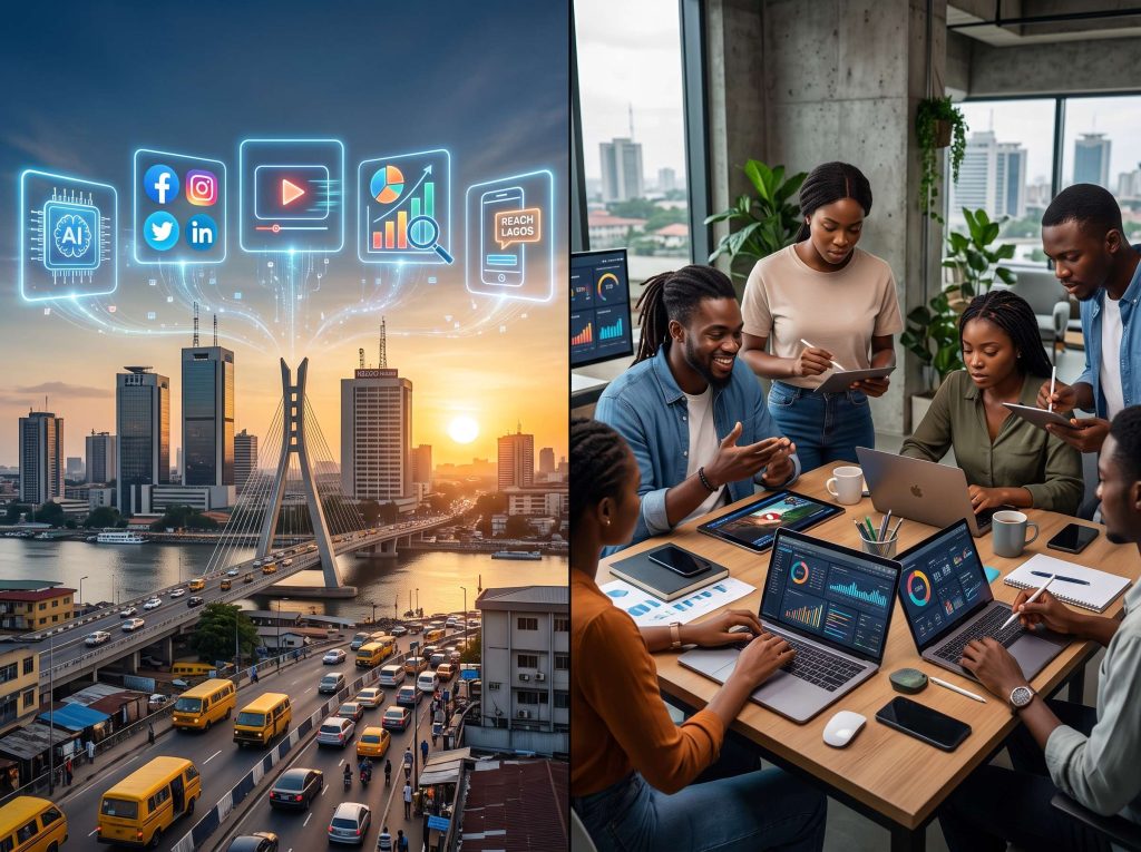 Nigerian marketing team analysing dashboards beside a Lagos skyline with digital marketing trend icons