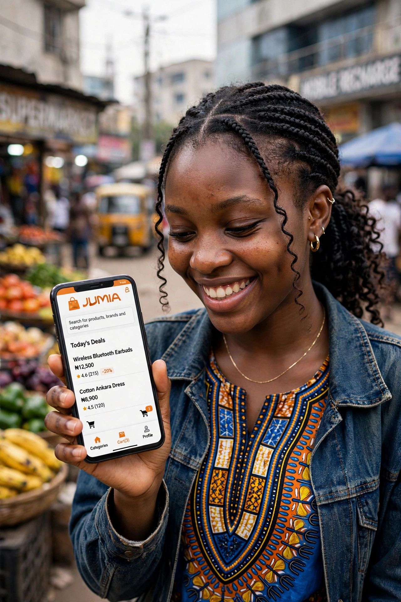 Young Nigerian woman using mobile shopping app in Lagos