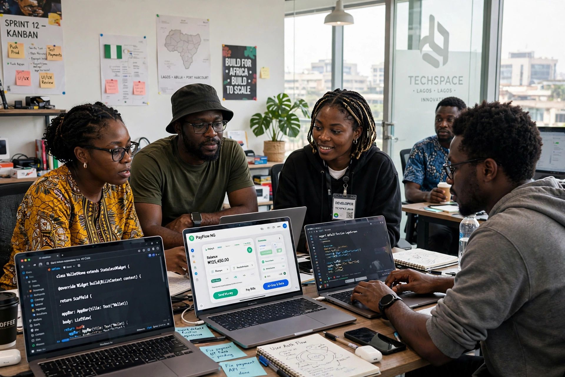 Mobile app development team working in Nigerian tech office