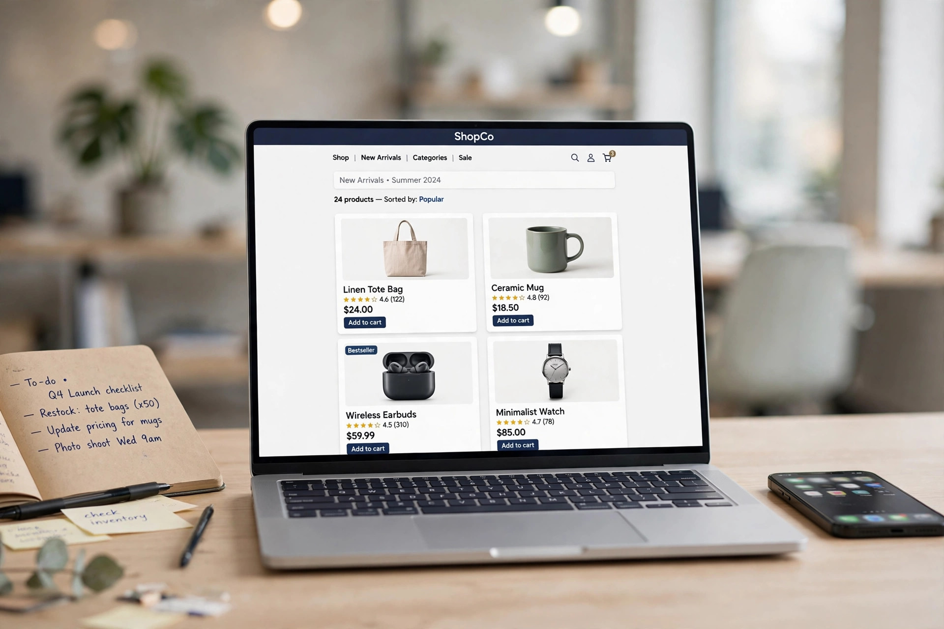 E-commerce website product listings on laptop screen