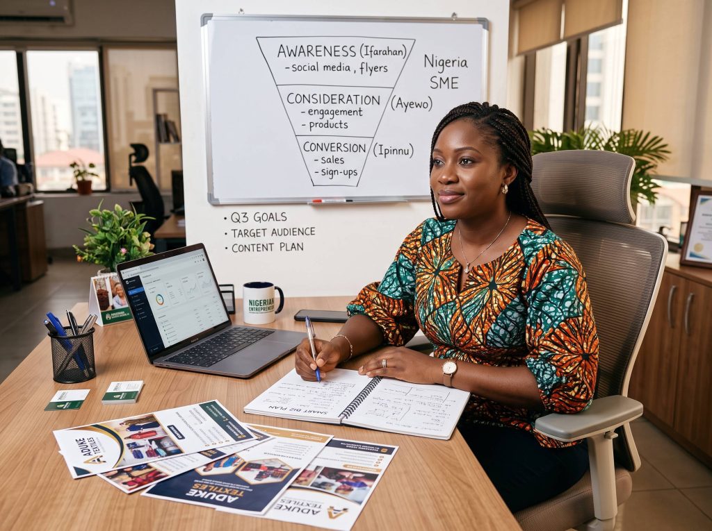 Nigerian woman entrepreneur reviewing a marketing funnel plan on a whiteboard with Awareness, Consideration and Conversion stages