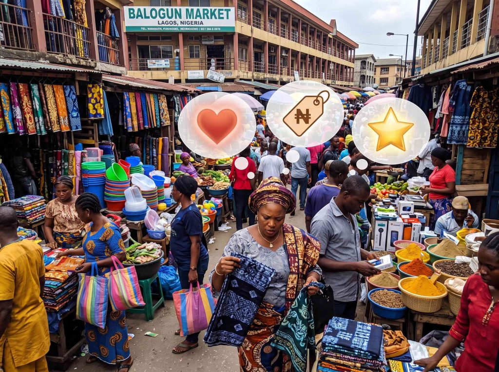 Shoppers at Balogun Market in Lagos with icons representing consumer psychology: desire, price and quality