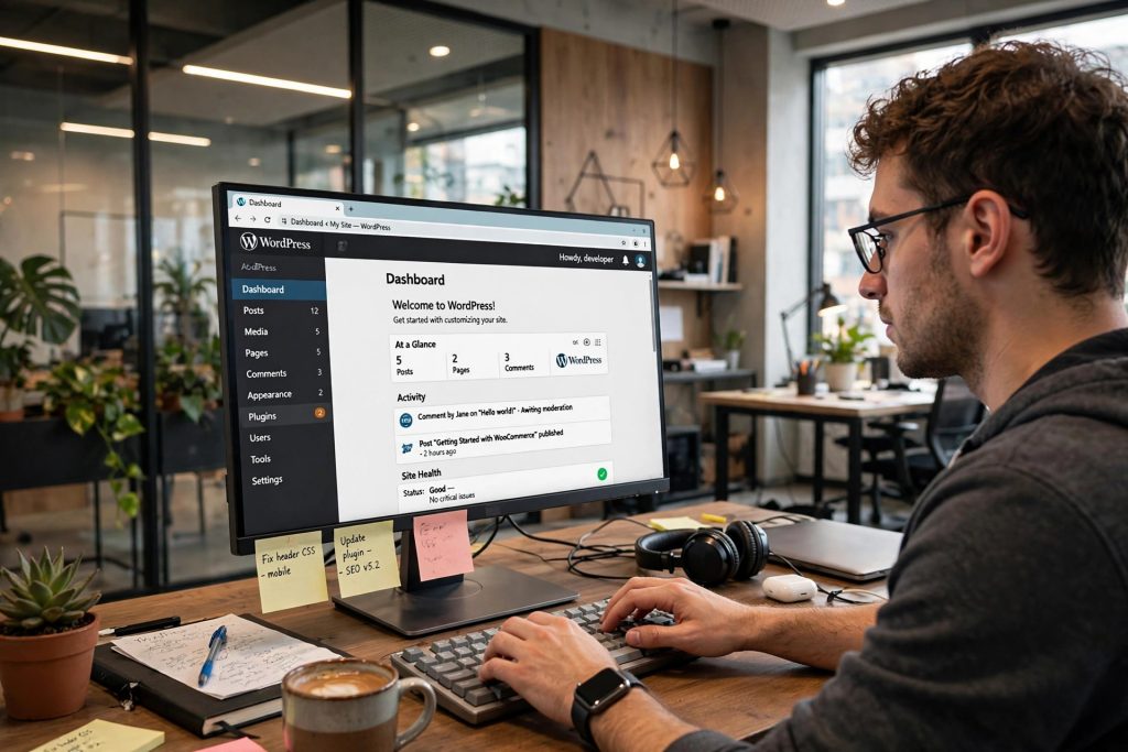 Web developer working on WordPress dashboard