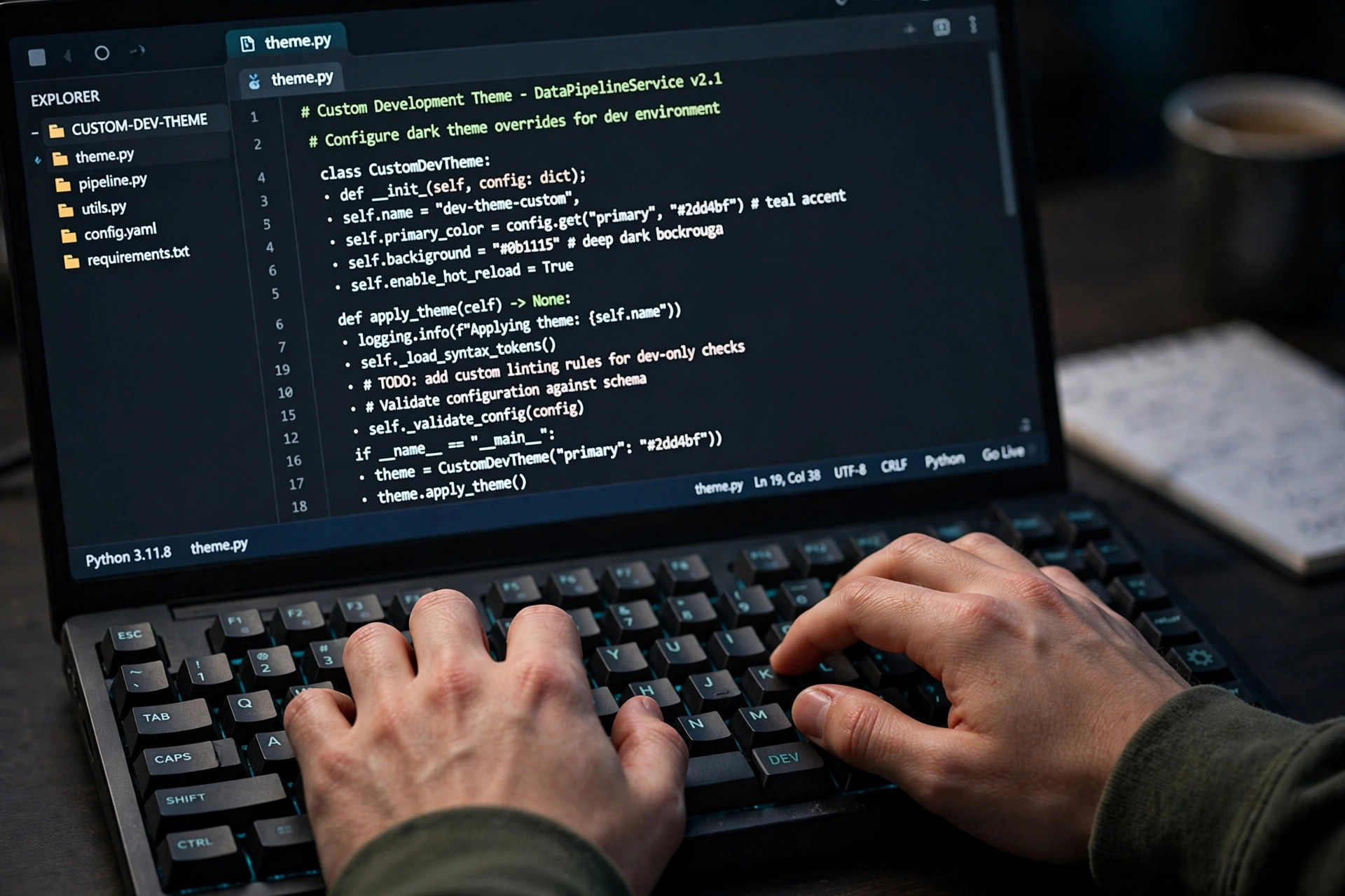 Computer code on dark screen editor, custom development