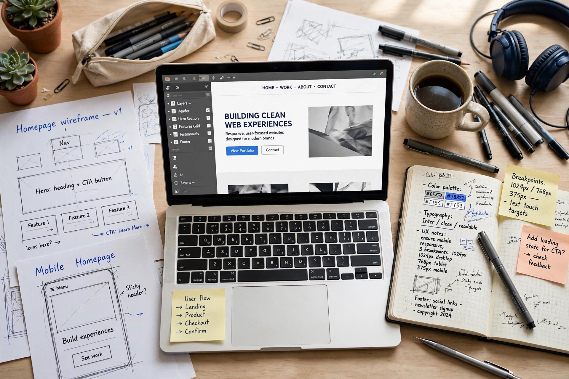Web designer workspace with wireframes and laptop
