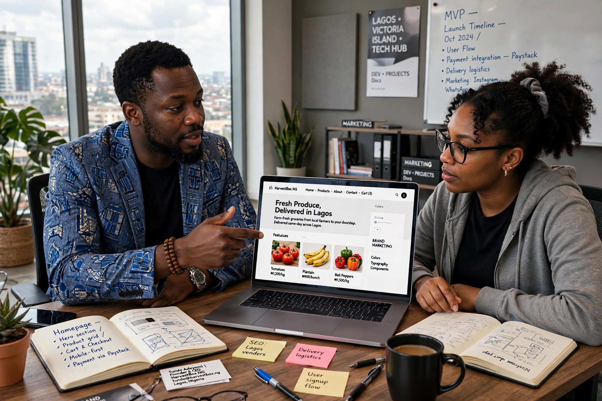 Nigerian entrepreneur discussing website project in business meeting