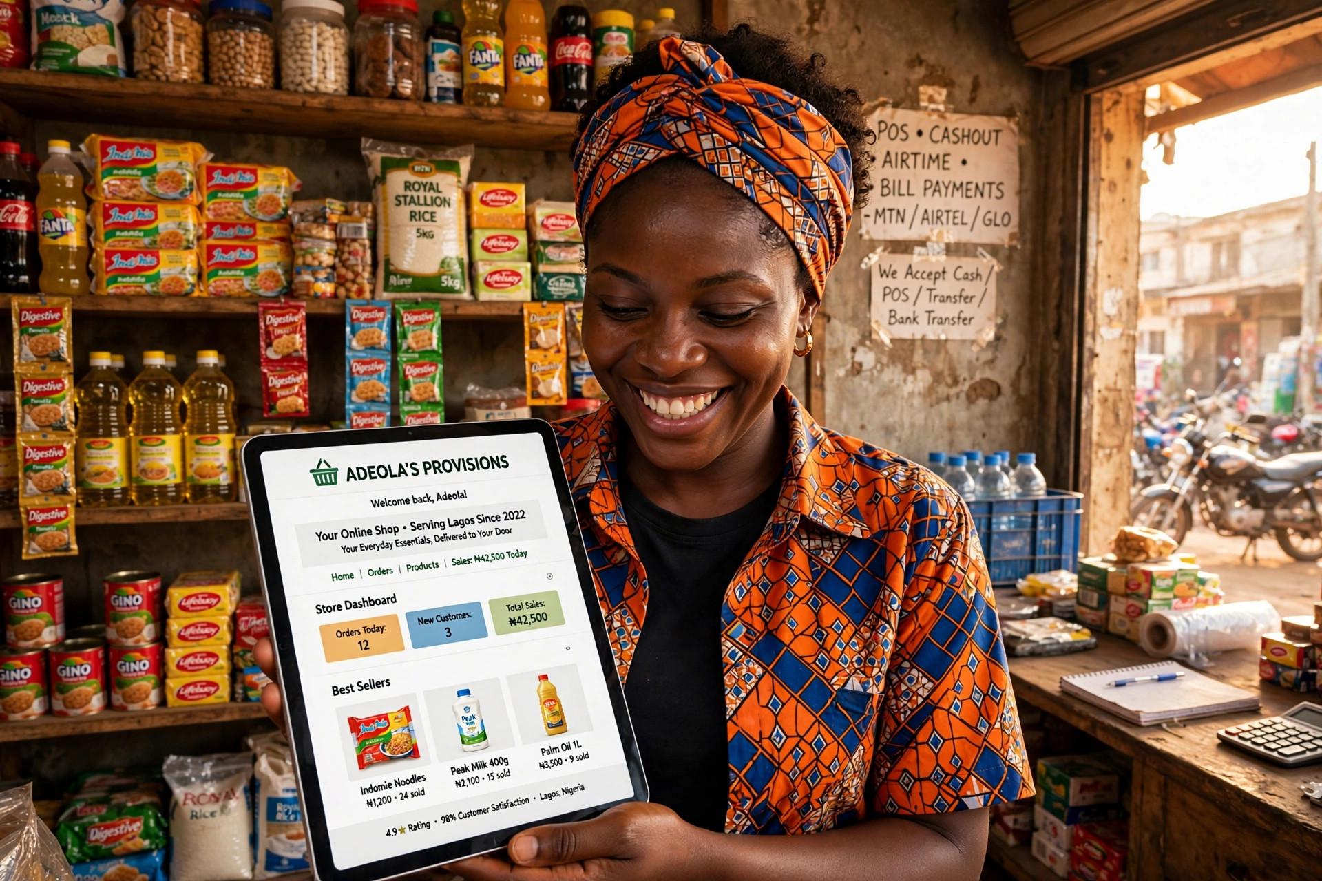 Small business owner viewing website on tablet in Lagos shop