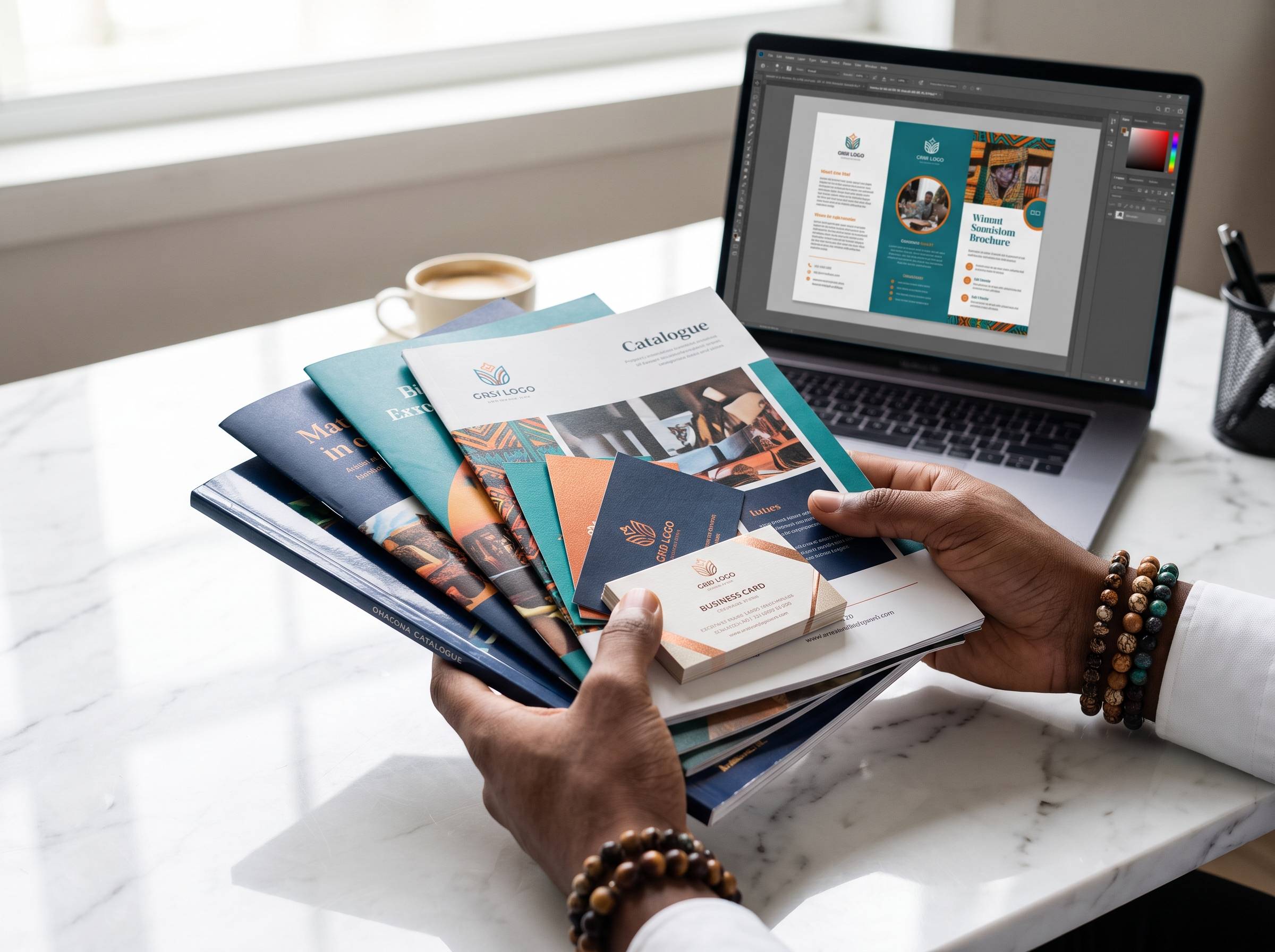 Hands holding premium printed catalogues, brochures and business cards beside a laptop with design software