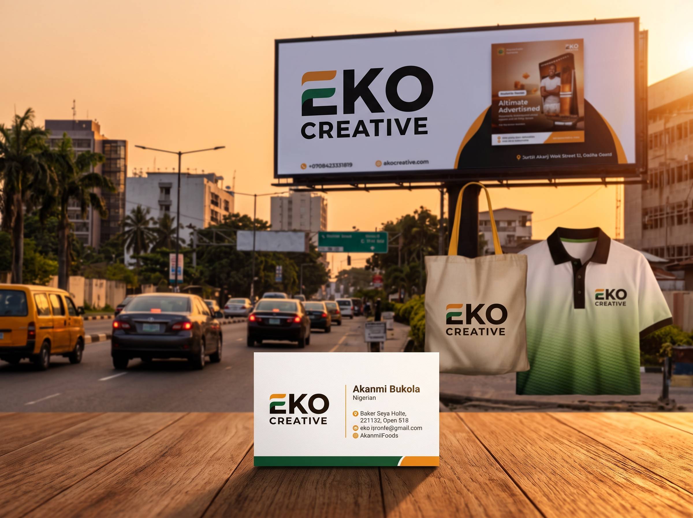 Branded billboard, tote bag, polo shirt and business card for Eko Creative on a Lagos street at sunset