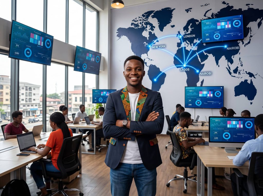 Nigerian tech startup founder in a Lagos office with a world map showing connections from Lagos to London, New York and Nairobi