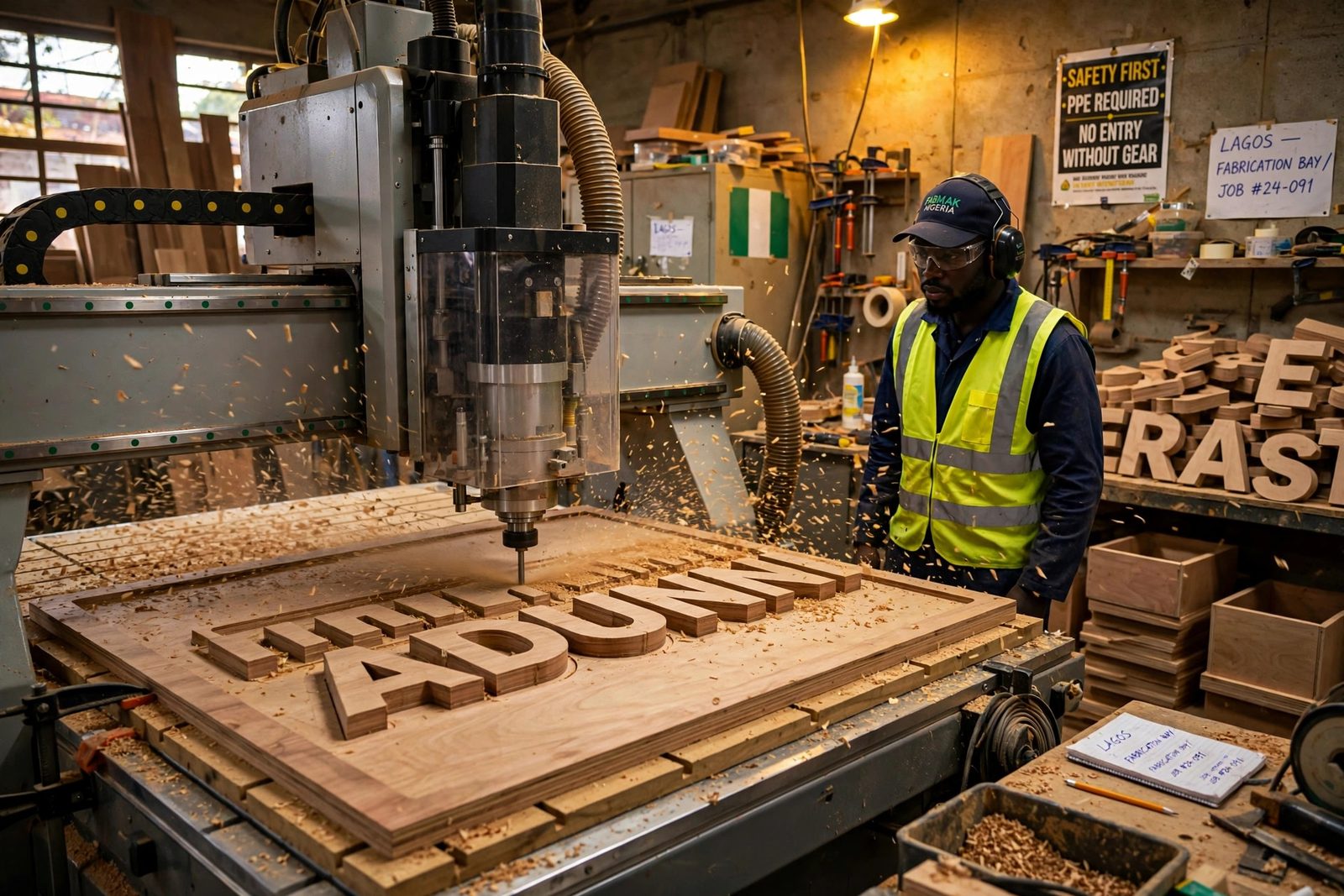CNC machine cutting a branded display panel in a Nigerian fabrication workshop