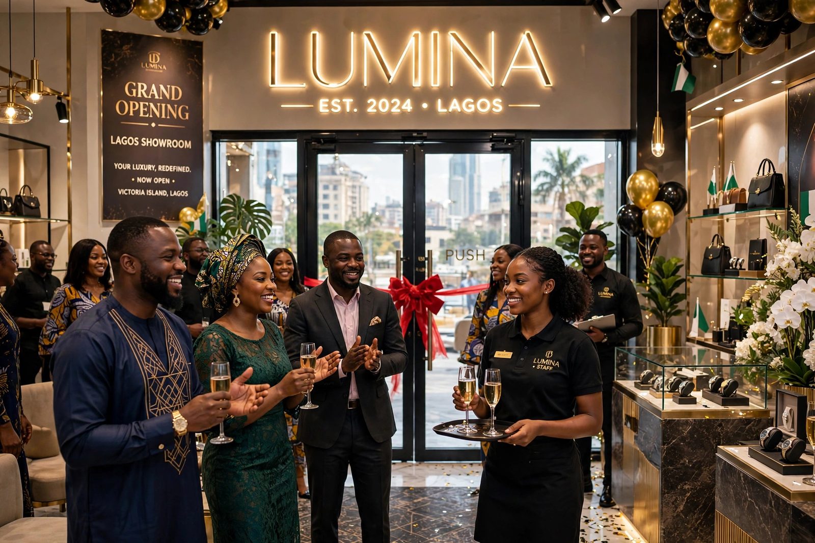 Grand opening of a newly installed brand showroom in Lagos with ribbon and guests