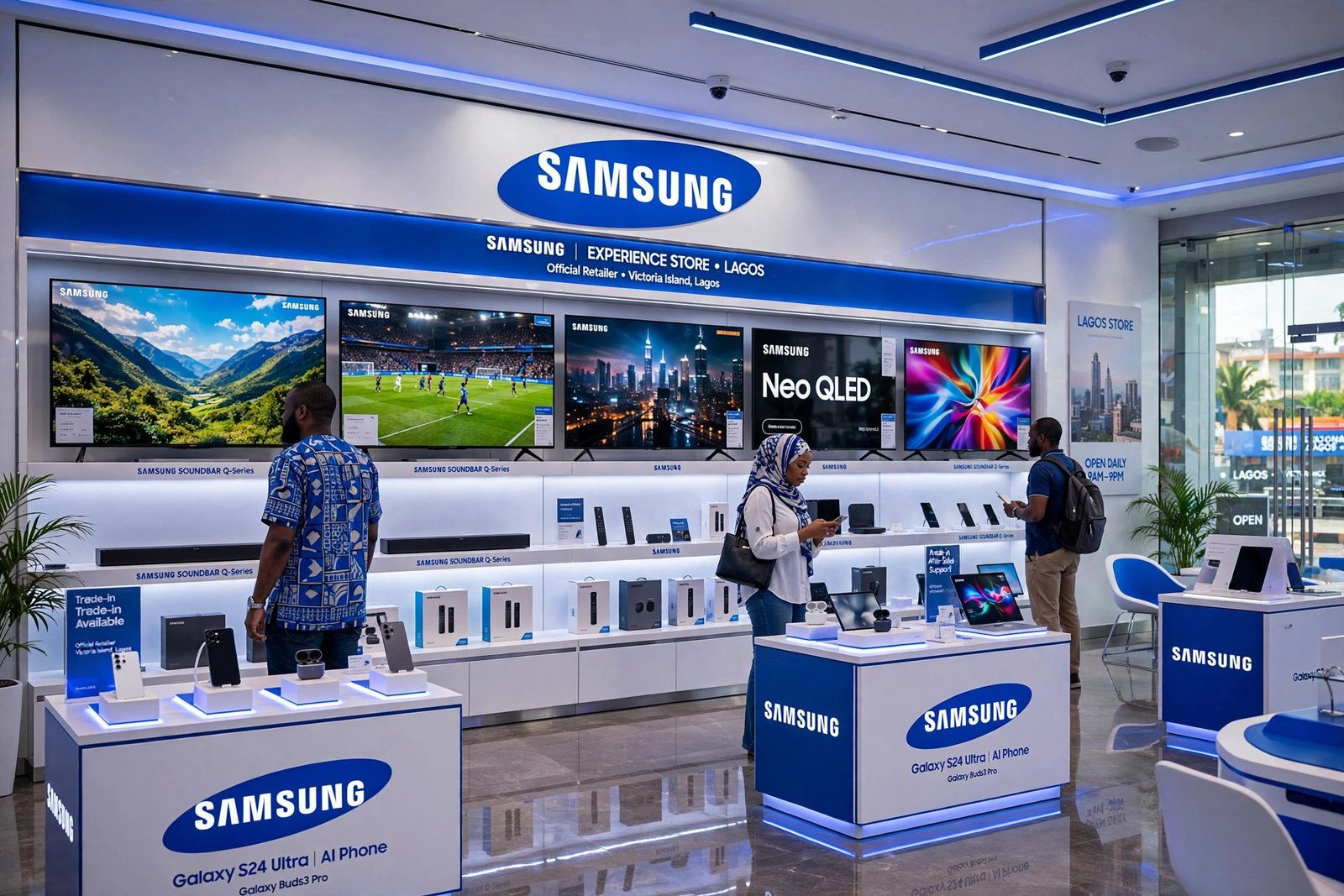 Samsung TV wall with white and blue branding inside a premium electronics showroom