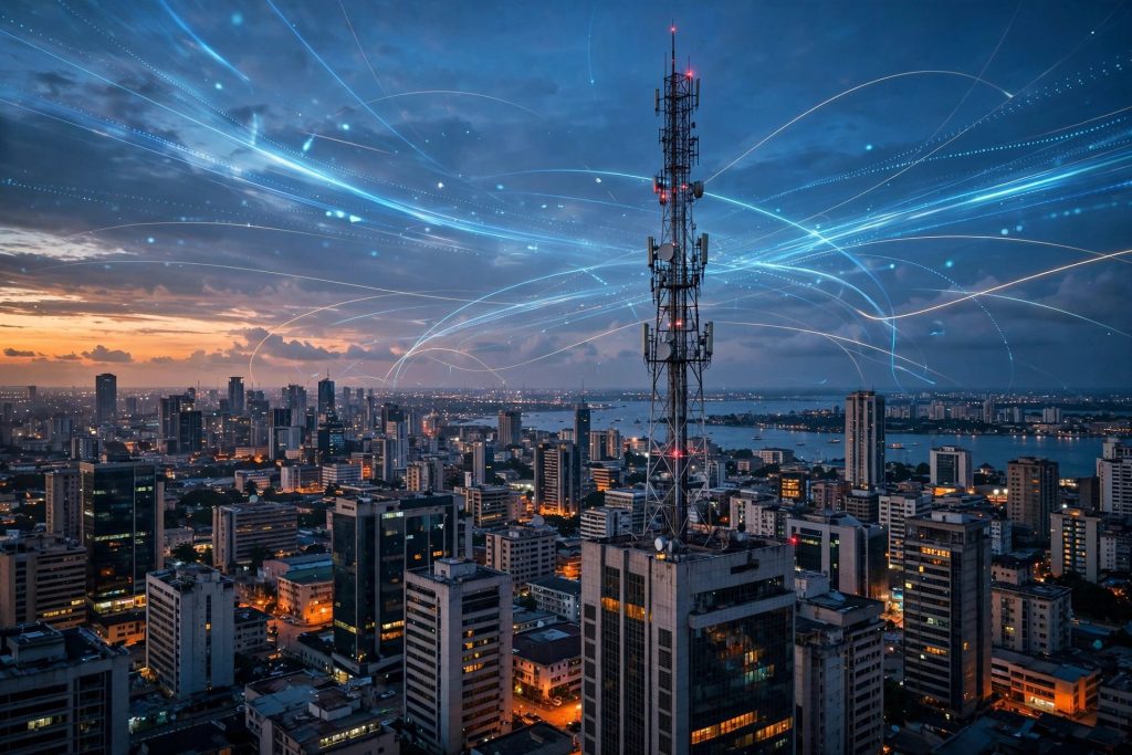 5G smartphone with Nigerian business skyline at sunset