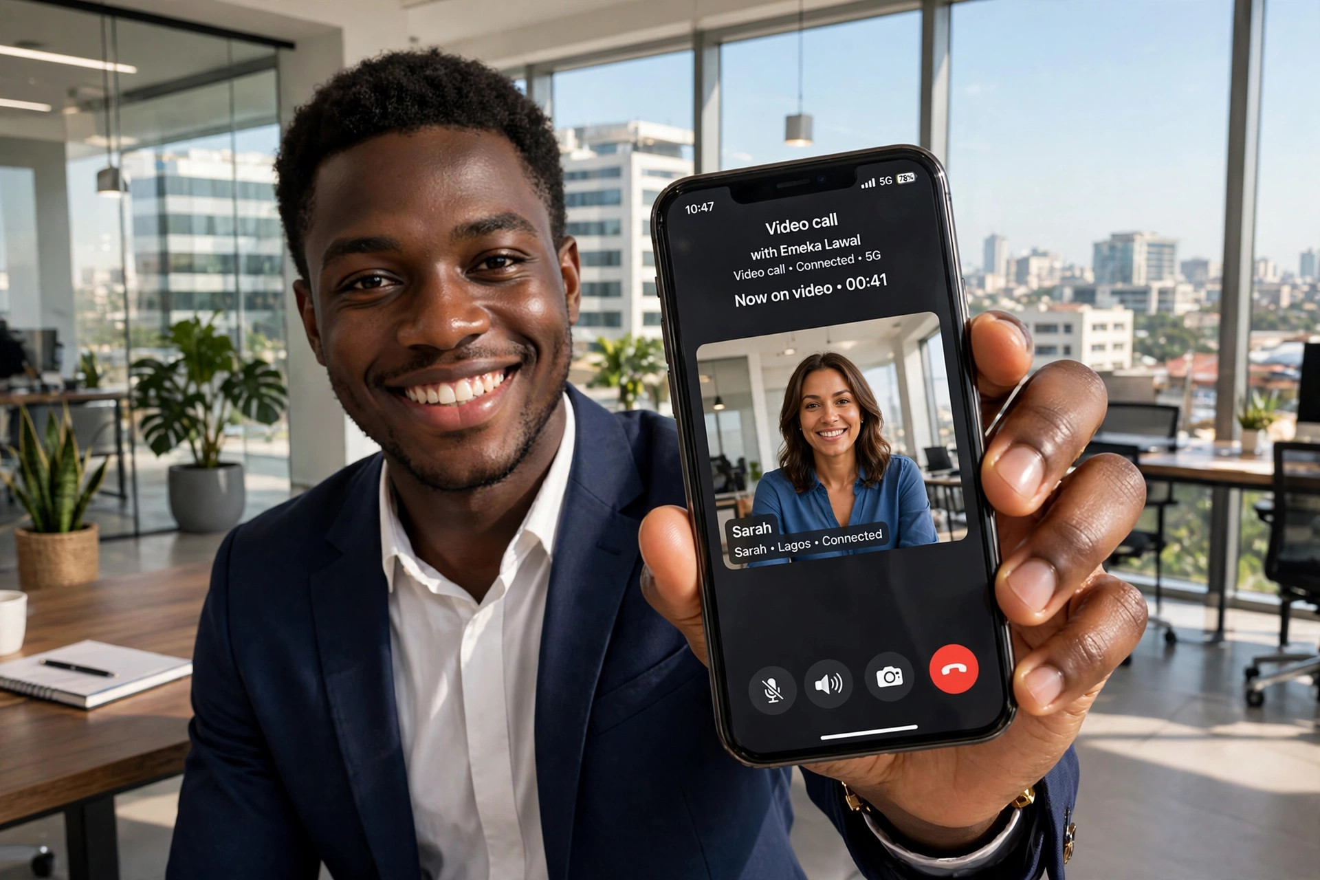 Nigerian professional on a video call using a 5G smartphone in a bright office