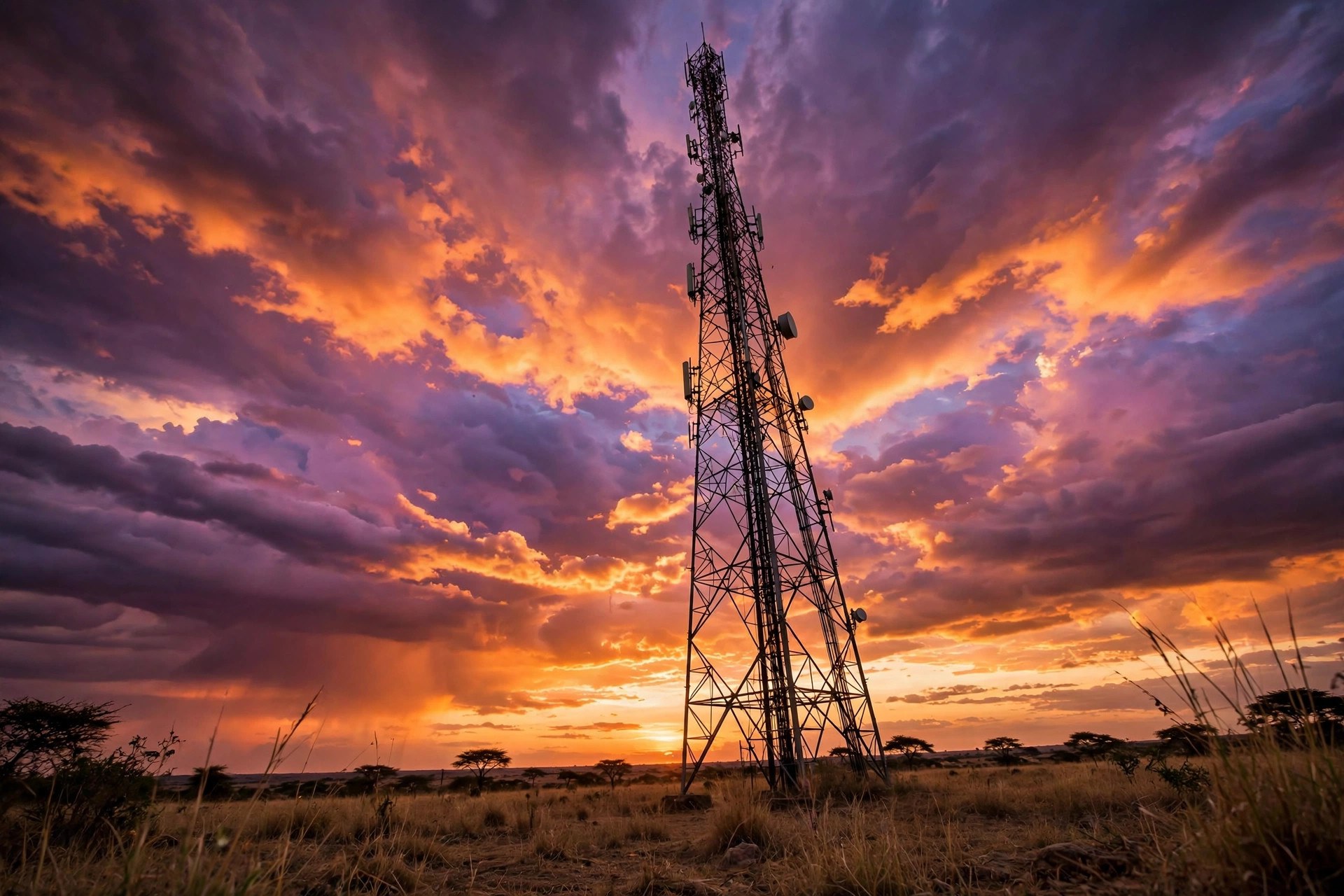 Telecom tower silhouetted against a dramatic Nigerian sunset sky