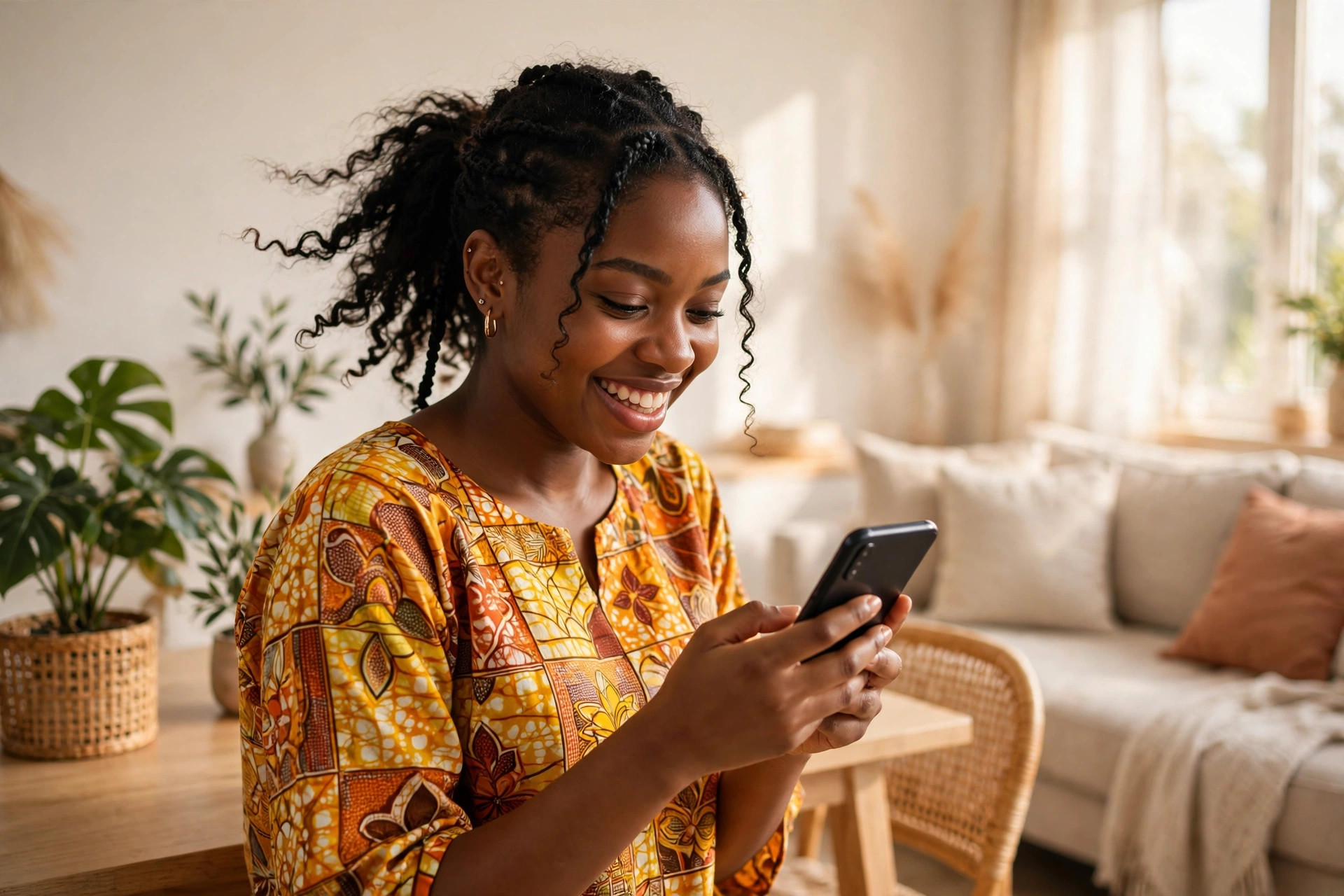 Happy young Nigerian woman shopping online on her smartphone