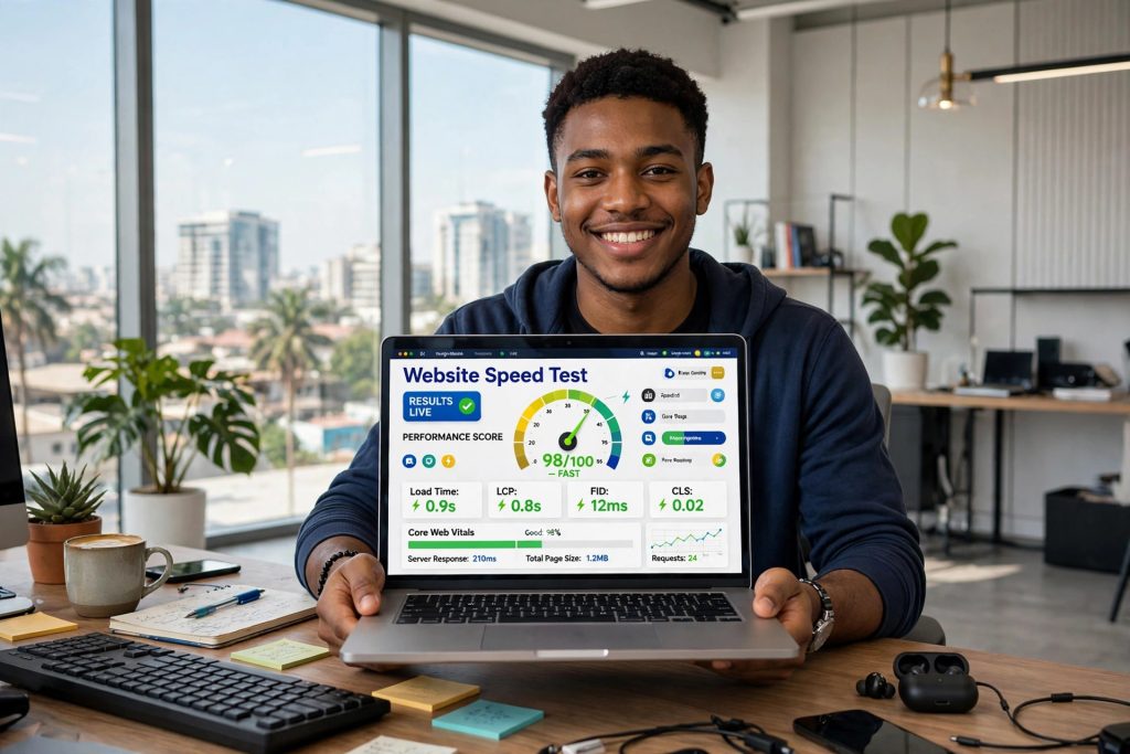 Man holding a laptop displaying a website speed test dashboard with a 98 out of 100 performance score